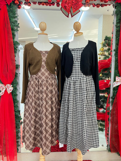 Women Gingham Checker Long Dress With Shrugs